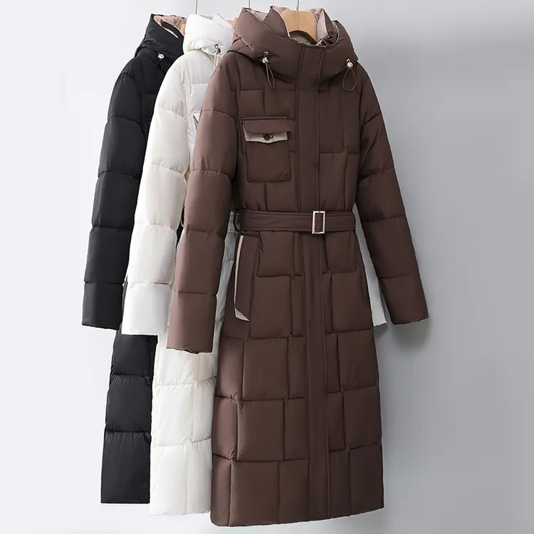 2025冬新款腰带中长款棉衣女连帽收腰加厚棉服外套女过膝保暖棉袄