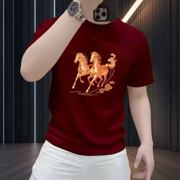 2026马年爆款纯棉骏马印花短袖T恤男士本命年红色高级感体恤上衣