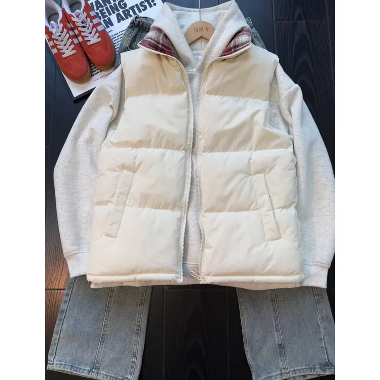 美式复古拼接格子棉服马甲男款秋冬休闲坎肩无袖背心立领棉衣外套