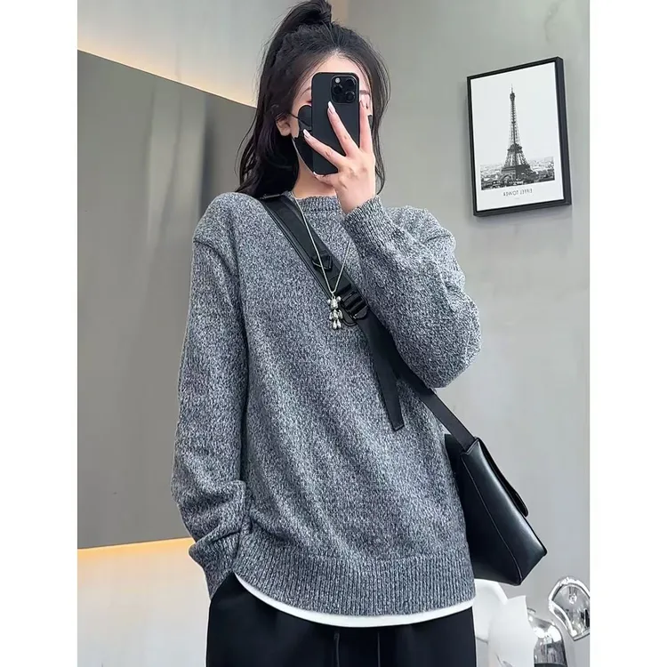 秋冬新款男士圆领套头假两件针织长袖毛衣时尚宽松垂感显瘦打底衫