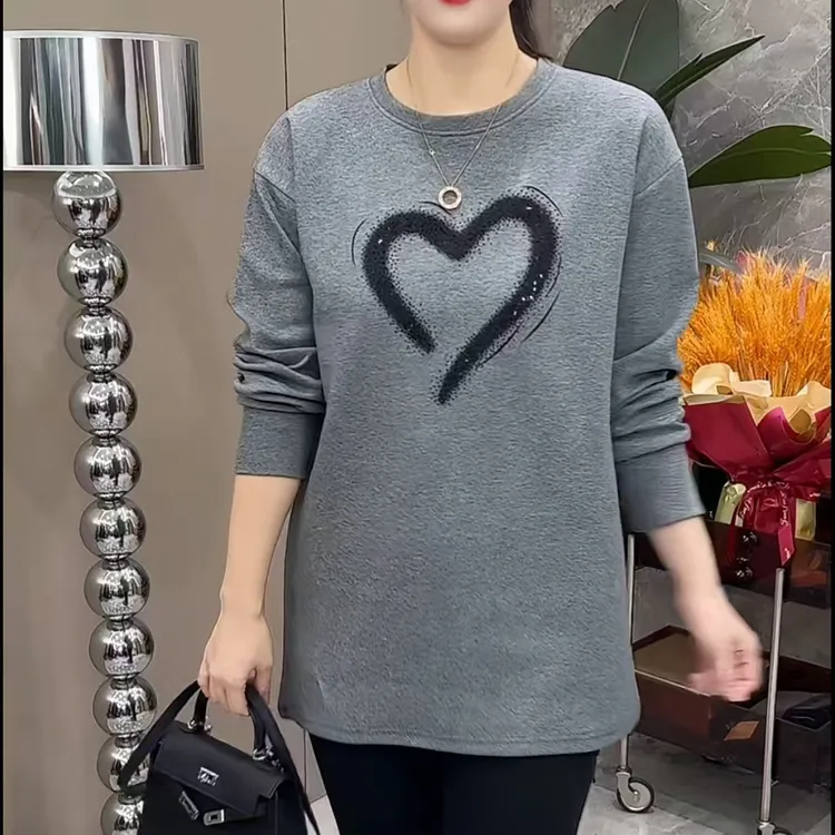 (加绒款）爱心烫钻中长款圆领时尚休闲百搭宽松大衫