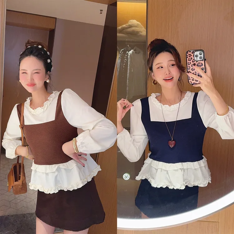 智英欧尼【白色显瘦衬衫假两件圆领长袖韩版网红洋气炸街女装】