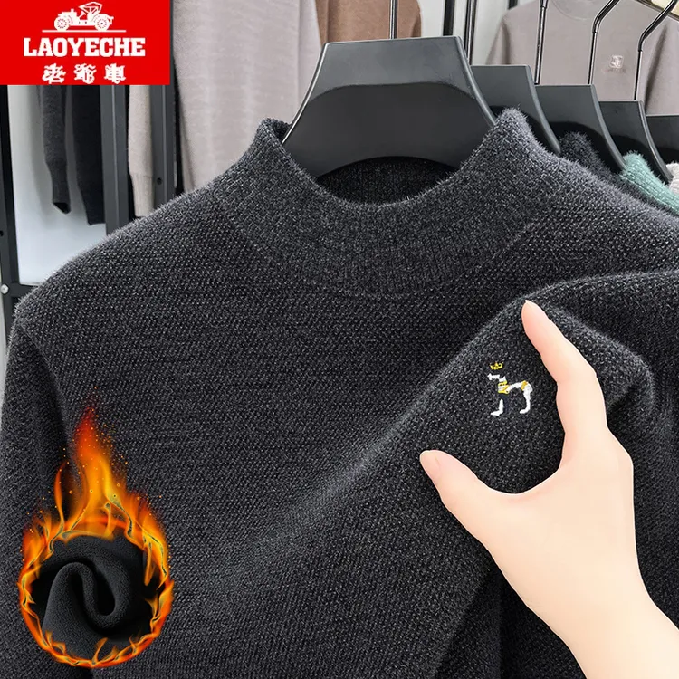 老爷车冬季男士圆领加绒加厚毛衣时尚休闲刺绣保暖上衣针织衫线衣