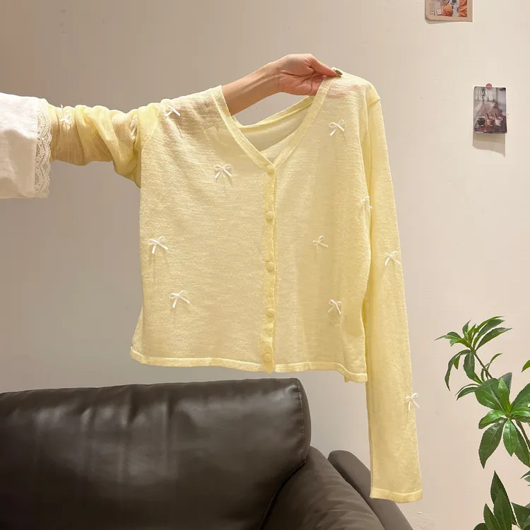 纯欲奶黄色立体蝴蝶结设计感长袖T恤女2025秋夏新款薄款微透上衣