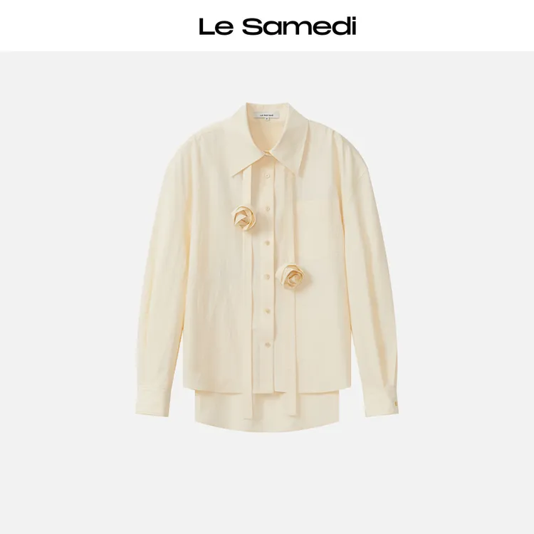 Le Samedi【小梨园】手工制卷花飘带设计 大翻领宽松衬衫