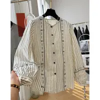 D02006超火韩系圆领条纹长袖衬衫女秋法式小衫宽松刺绣上衣娃娃衫