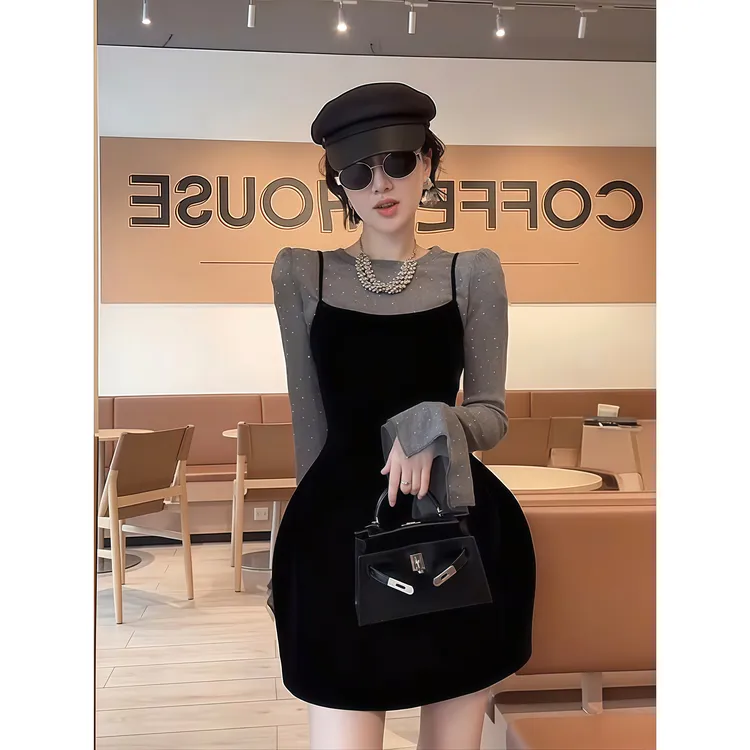 辣妹风圆领针织T恤吊带连衣裙女秋季新款显瘦气质包臀短裙子套装