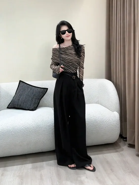 设计感斑马纹长袖T恤女2025秋季新款打底衫高腰显瘦阔腿裤两件套