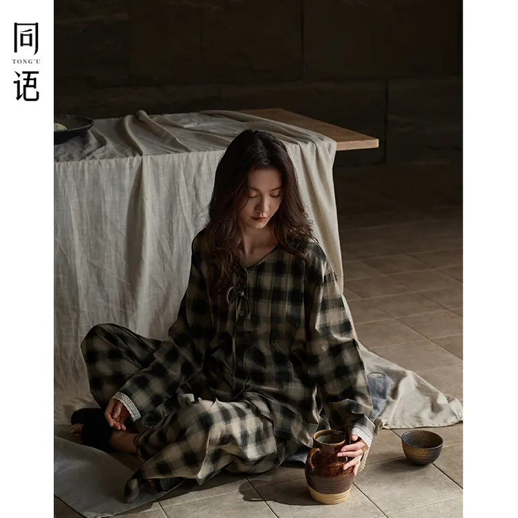 同语25年睡衣女春秋款莫代尔棉长袖格子套装春夏新款家居服可外穿