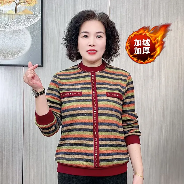 妈妈装秋冬新款加绒t恤中年女洋气打底衫加绒加厚款宽松显瘦上衣