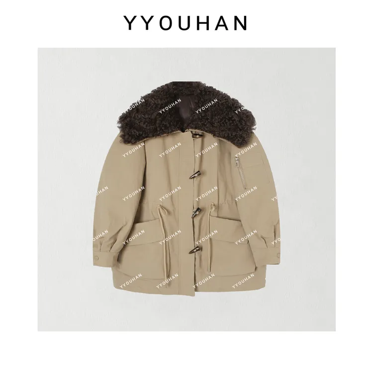 月月 2025冬款羊羔毛领羽绒派克服牛角扣派克羽绒服 2510C7207