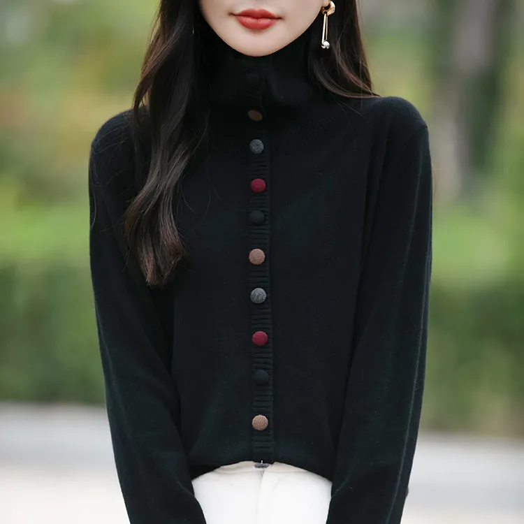 正品动感哥弟2025秋冬季新款彩扣高圆领保暖针织开衫百搭显瘦女