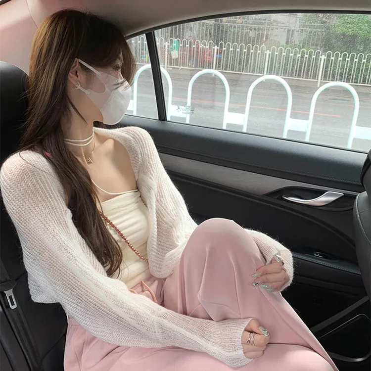 女薄款镂空短款长袖纯色毛针织衫百搭女装宽松春夏蕾丝洋气夏季