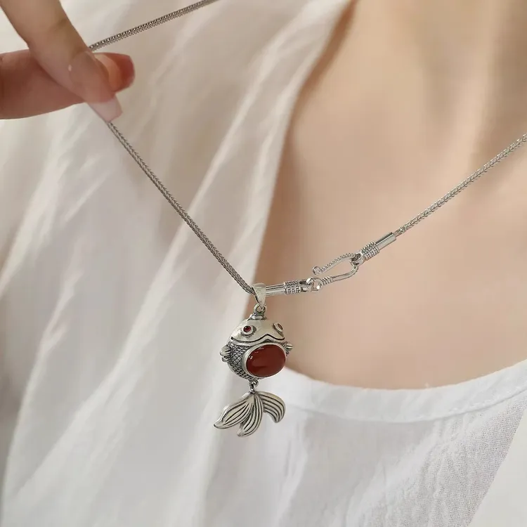 铜吊坠 中国风复古做旧锦鲤吊坠金鱼流苏项链女款民族风毛衣链