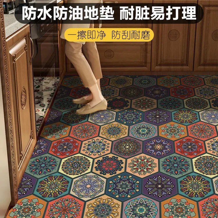美式复古厨房地垫地板革PVC防水防油免洗加厚民族风防滑垫子家用