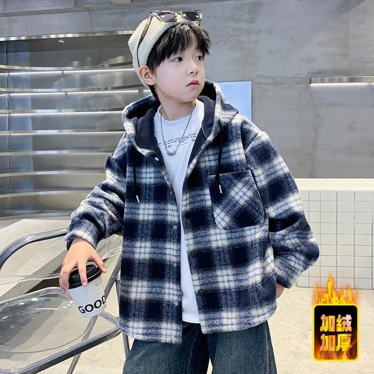 男童秋冬装加绒外套2025新款男孩格子加绒冬款上衣韩版宽松连帽