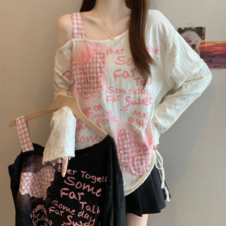 新款韩版撞色露单肩刺绣蝴蝶结抽绳长袖上衣