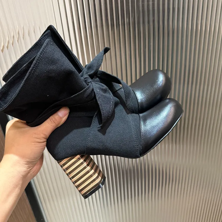 2025新款秋冬蝴蝶结绑带设计粗跟圆头帆布短靴高跟时尚百搭款女靴