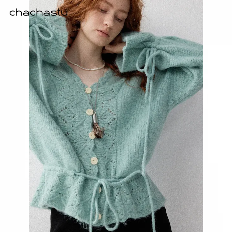 CHACHASTU【冬】精致美物 超重工织机钩花多抽绳系带层次开衫XX6162