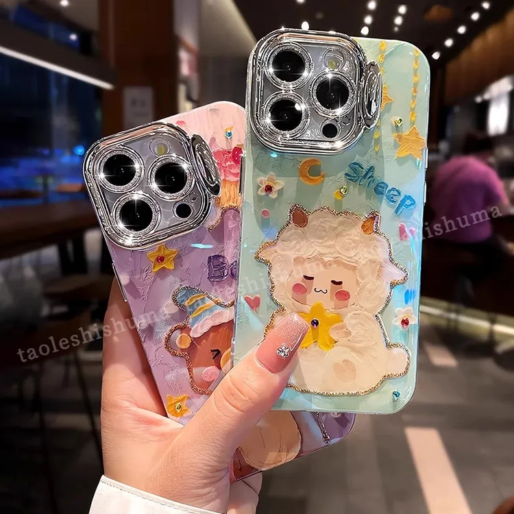 新款油画适用苹果15Promax手机壳镜头膜支架iPhone14卡通13可爱12