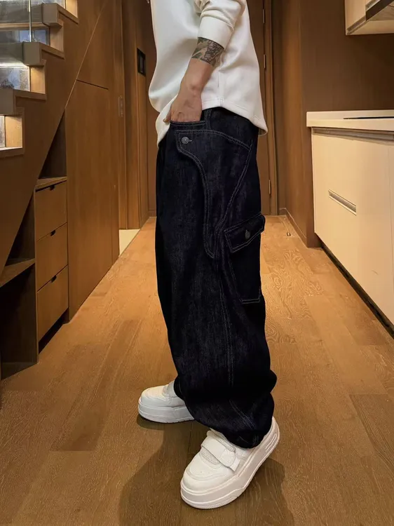 XDZZ二狗25ss秋冬季磨毛加绒弯刀美式高街宽松直筒牛仔裤男潮C292