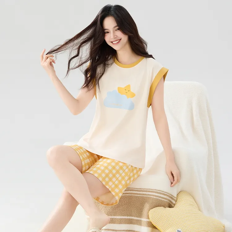 a类纯棉睡衣女夏季薄款无袖短裤大码胖mm100%全棉背心家居服套装