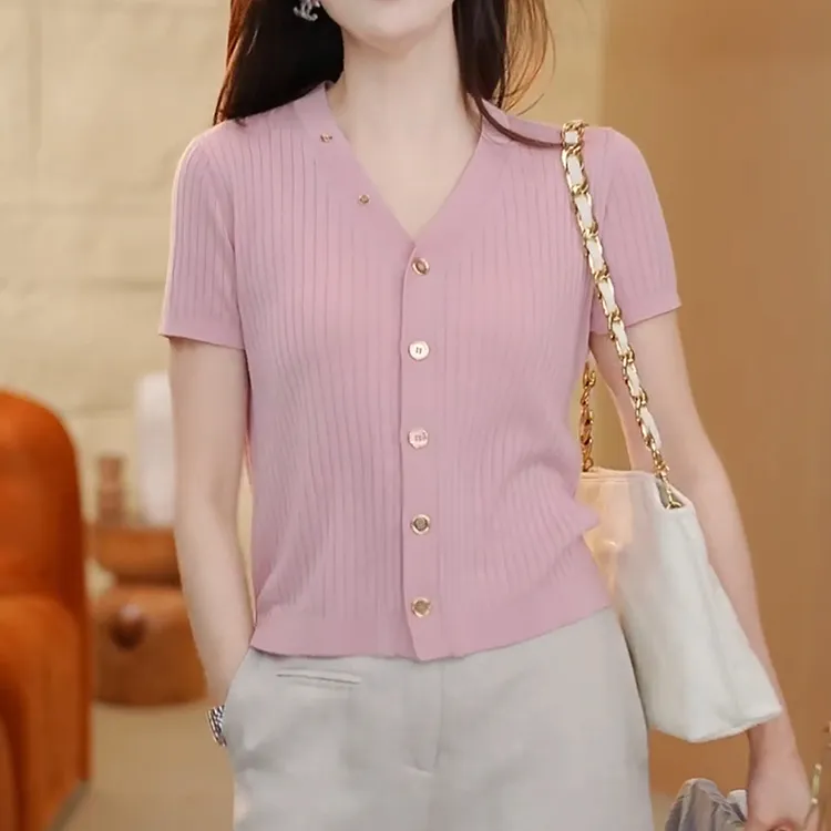 羽惜严选女装直播间同款夏季新款凉快休闲简约V领坑条针织开衫