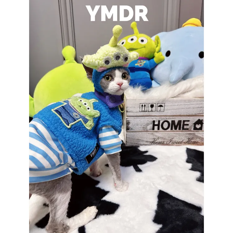 YMDR妖喵大人德文猫无毛猫三眼仔衣服摇粒绒半马甲丝柔棉条纹打底