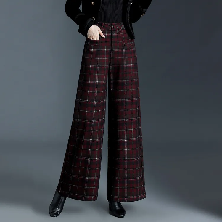 毛呢大格子阔腿裤女秋冬季2025年新款显瘦遮胯高腰宽松直筒休闲裤