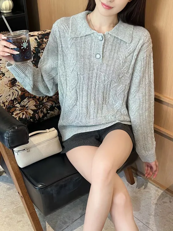 【赛家复古麻花polo衫】女长袖外穿新款软糯柔软翻领毛衣女