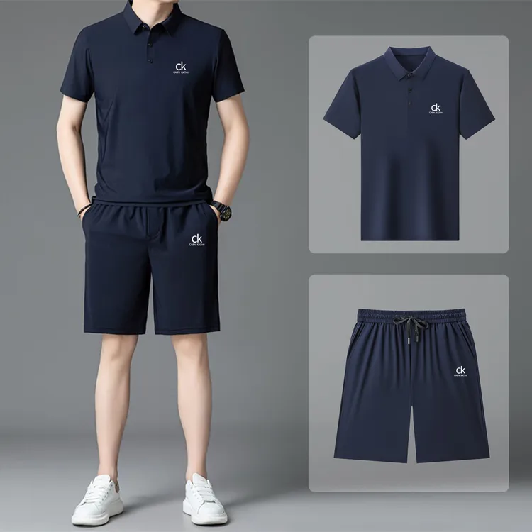 新款定制 桑蚕丝】休闲运动套装男士短裤两件套套装冰丝运动服透气