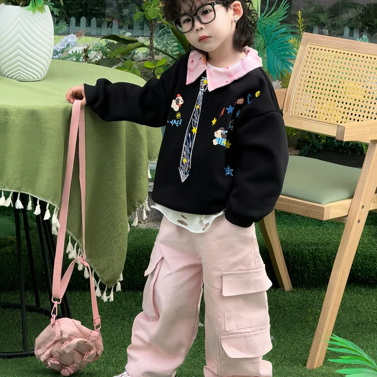 儿童长袖卫衣套装2025卡通小狗涂鸦学院风卫衣韩版粉工装裤套装M6