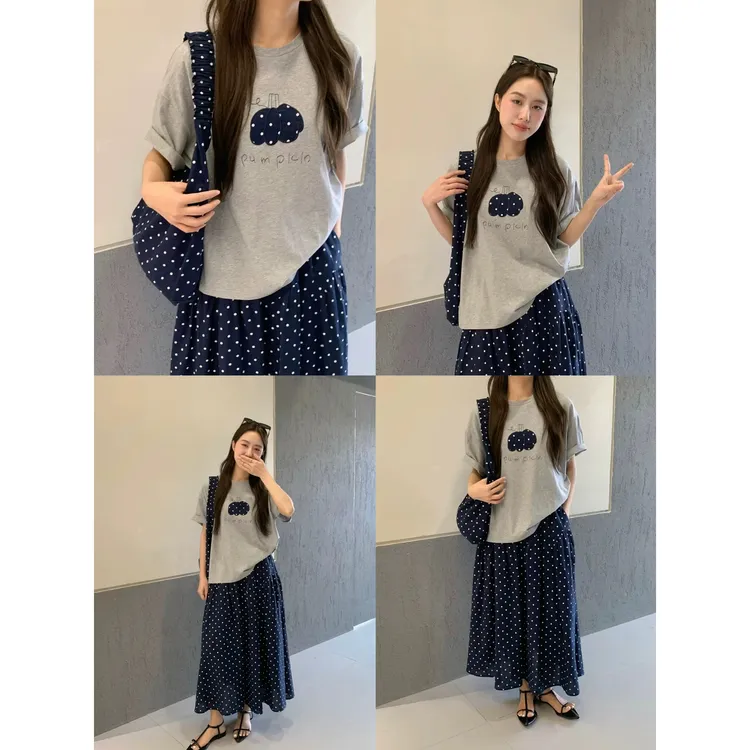 【鱼白又白】韩版简约印花套头长袖女2025秋季宽松三件套减龄打底衫