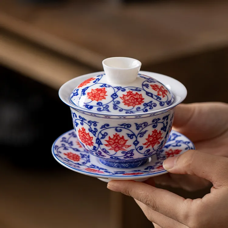 青花缠枝莲釉里红悬停盖碗功夫茶杯陶瓷泡茶器具釉下彩高温瓷茶具