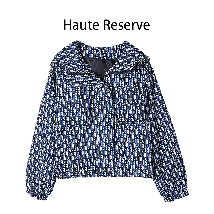 【巴黎时装款】D字母印花拼接连帽冲锋衣抽绳外套