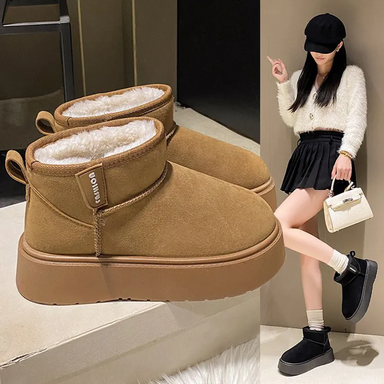 女士冬季厚底加绒防水防滑增高短筒雪地靴百搭加厚