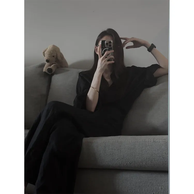 parkyeon高级感黑色衬衫上衣女秋季新款高腰垂感显瘦休闲裤两件套