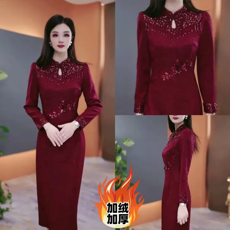 冬季加绒加厚连衣裙2025秋季气质韩版显瘦百搭收腰裙子YX25K3382