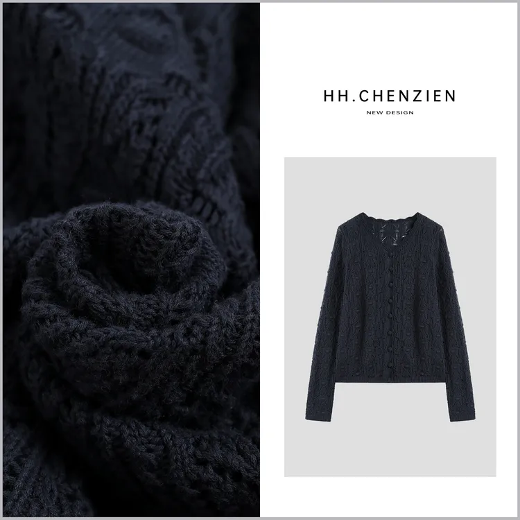 【黑黑家】早秋女款新款菱格镂空小标设计单排扣针织开衫上衣