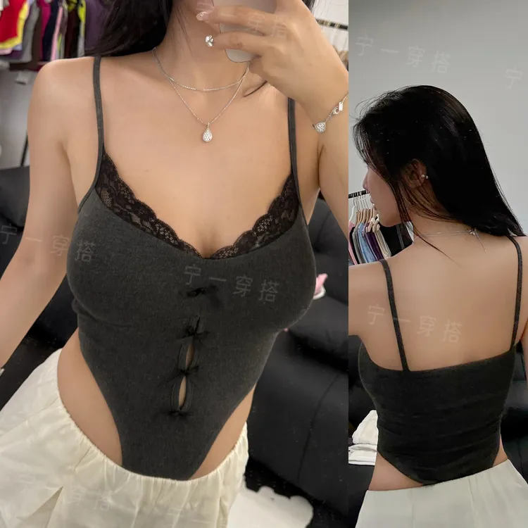 NY7077 新款纯欲风美式连体蕾丝潮流风吊带背心辣妹风外穿带胸垫