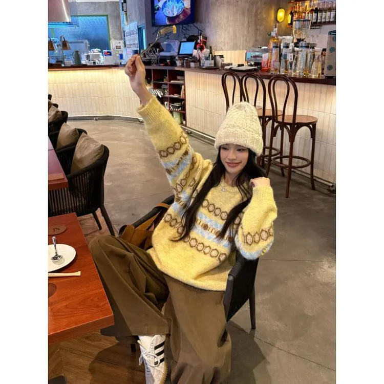 费尔岛提花撞色针织毛衣春秋2025新款设计感软糯百搭长袖上衣2435