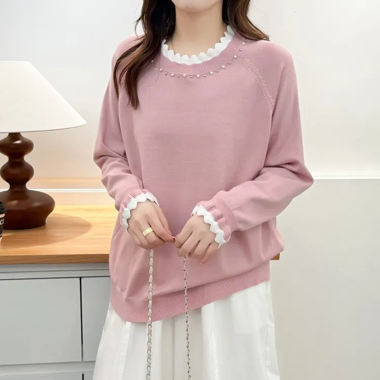 斐卉/FEIHUI大码遮肚针织打底衫秋冬胖mm显瘦减龄钉珠花边毛衣女