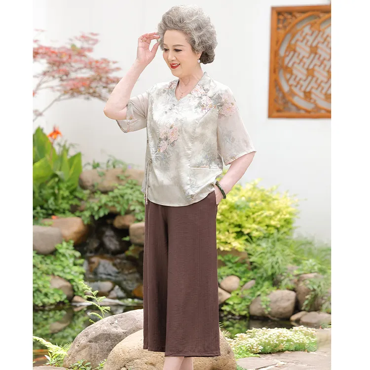 妈妈装夏季国风T恤套装夏装中老年奶奶装复古宽松中式气质两件套