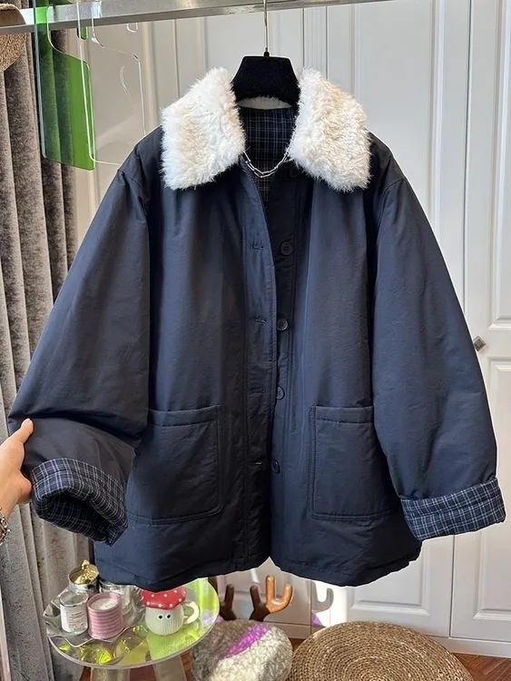 欧洲站毛茸茸翻领拼接中长款女夹棉厚款外套宽松慵懒2025冬季新款