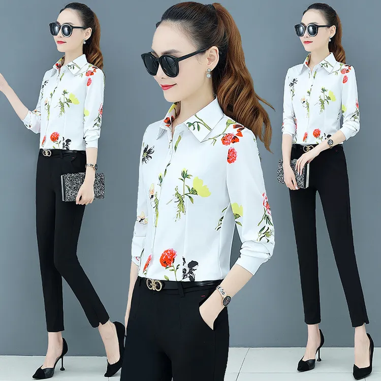 新款春秋印花女衬衫女长袖韩范洋气气质雪纺衫女士上衣女衣服时尚