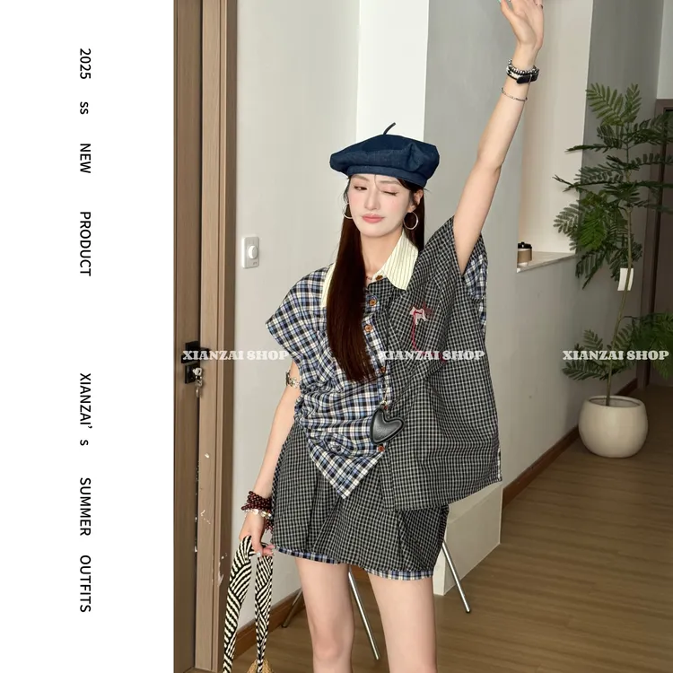 XIANZAI【莫斯科】夏季新款时尚撞色拼接格纹小马衬衫裙裤两件套装