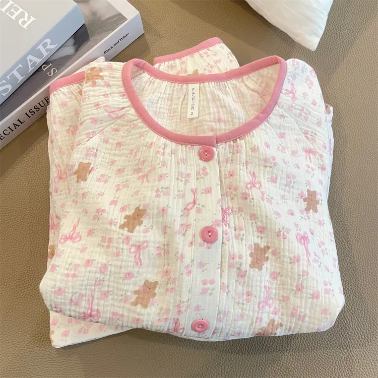 双层纯棉纱布睡衣女夏季新款短袖日系可爱小熊夏天100%全棉家居服