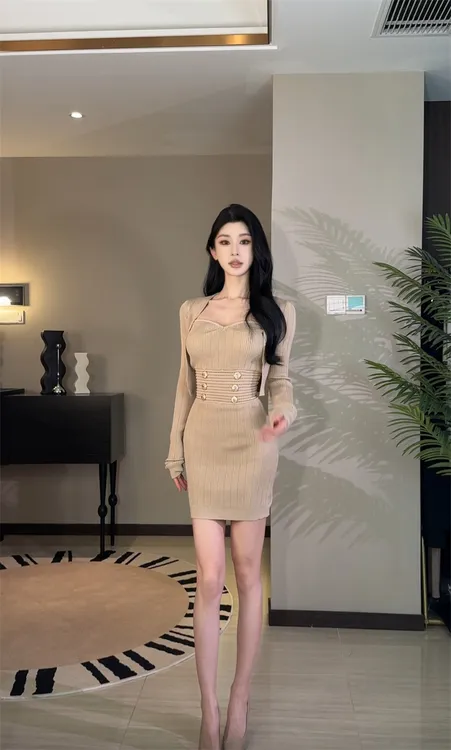 千金风套装女法式气质复古纽扣针织抹胸连衣裙长袖开衫外套两件套