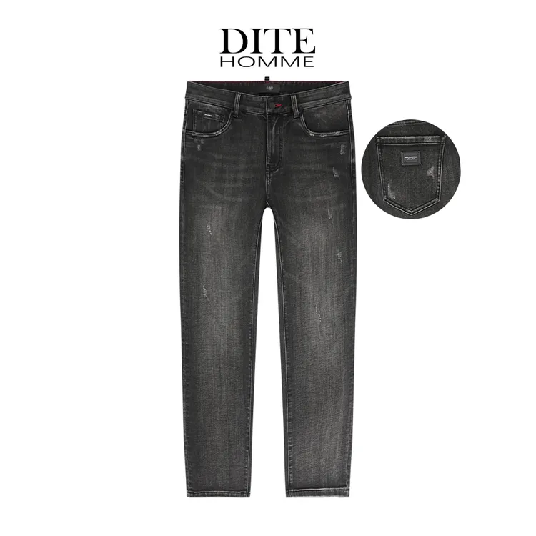 Dite长裤拉链春秋男休闲牛仔裤舒适贴布小标做旧弹力慵懒山系港风