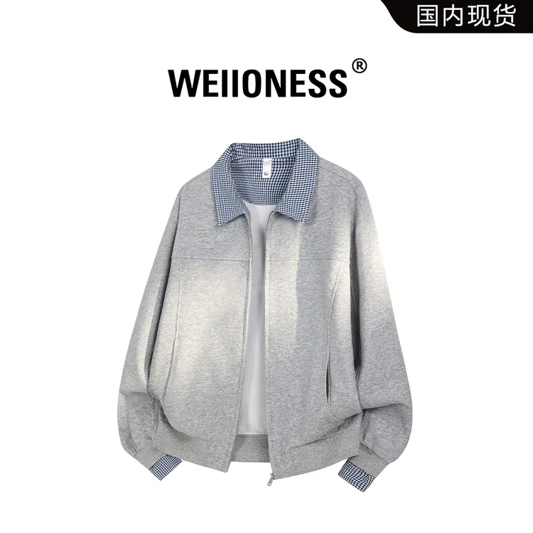 WEIIONESS格纹翻领潮流卫衣男秋季新款开衫宽松休闲上衣复古男装